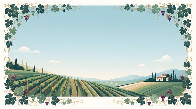 Scenic Vineyard Landscape with Grape Vine Border in the Countryside Style
