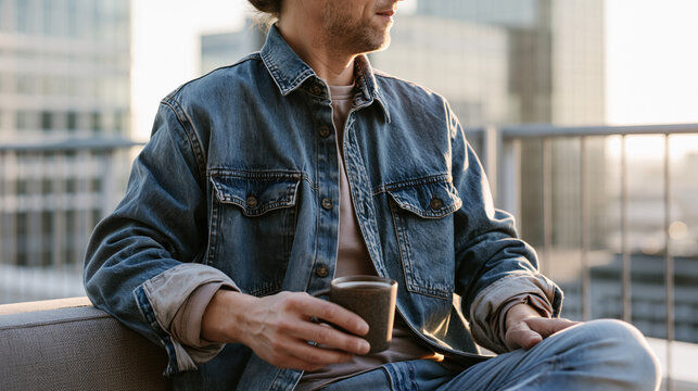 Man sitting on a balcony with a coffee cup in hand, wearing a denim jacket, with sunglasses and an urban building view in the background.
