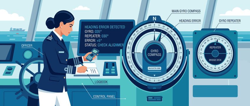 Female ship captain checks gyrocompass on bridge, error detected on screen