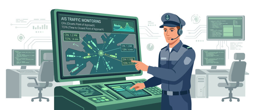 Maritime Traffic Control Officer Monitoring Ship Movements on Radar Screen