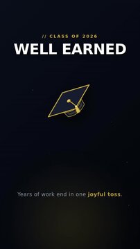 Graduation cap lift toss upward spinning tassel swing sparkle particles. Well Earned text overlay. Minimal flat style deep navy gold palette