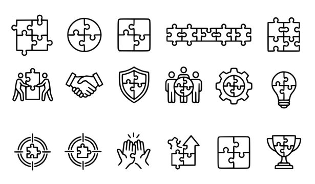 Puzzle compatibility vector icon set featuring jigsaw connection agreement teamwork and integration symbols on white background