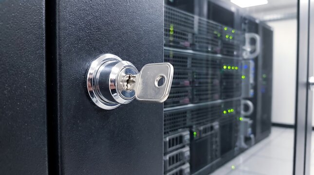 A close-up view of a silver key inserted into a keyhole on a black server cabinet door in a data center with rows of computer equipment.