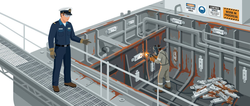 Shipyard Workers Perform Maintenance: Welder and Supervisor Inspecting Ship Hull