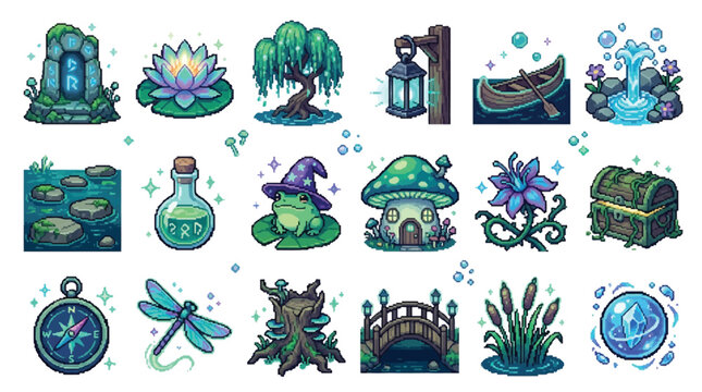 Pixel Art Fantasy Elements Collection: Magical Forest, Swamp, and Nature Icons.