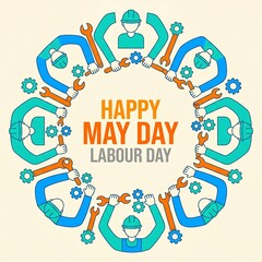 Fototapeta premium Happy labour day celebration greeting card with workers and tools circular frame
