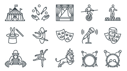 Industrial Style Black and White Line Icons Set Featuring Circus Theater Dance and Performance Elements © Ardi