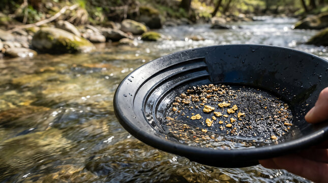 Person panning for gold in a river with a black pan outdoors
