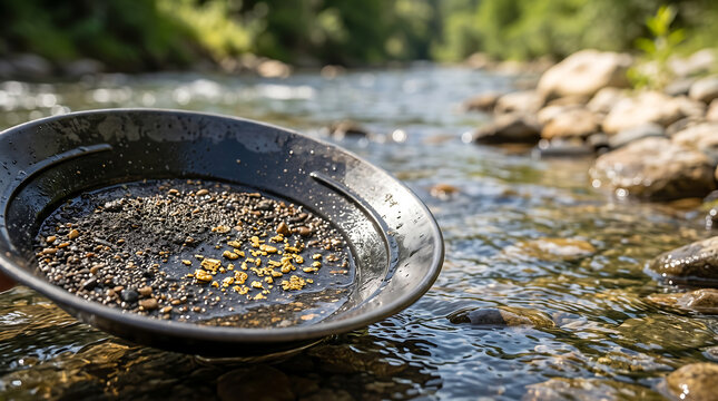 Prospector panning for gold in a serene river with clear water and rocks