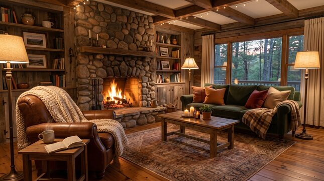Cozy rustic living room with a stone fireplace and warm lighting