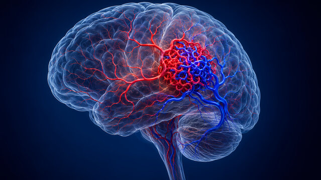3D medical illustration of brain arteriovenous malformation AVM showing tangled abnormal blood vessels