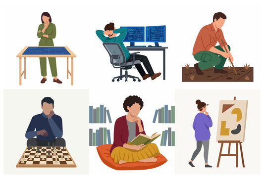 Set of diverse people engaged in different activities, hobbies and professions flat illustration