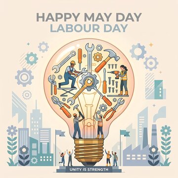Workers inside lightbulb with tools celebrate labour day
