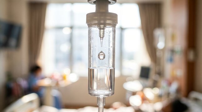 An intravenous drip in focus against a hospital room background. Concept of healthcare, medical treatment, patient care, and hospital environment. Generative AI