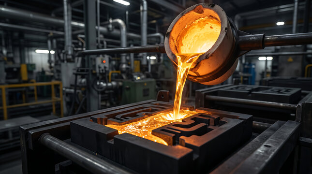 Molten gold pouring into mold in industrial setting with machinery