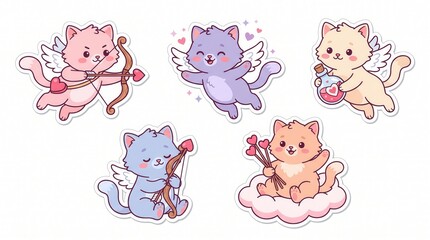 Obraz premium Five adorable winged cats act as Cupids holding bows, arrows, potion, and hearts on white