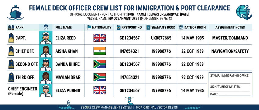 Female Deck Officer Crew List for Immigration and Port Clearance - Ship Document