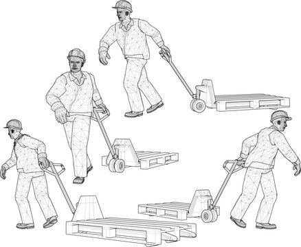 Complete set of 3D rendered construction maintenance characters in blue overalls pushing a warehouse goods trolley from front, side, and back angles for industrial logistics and site management guidel