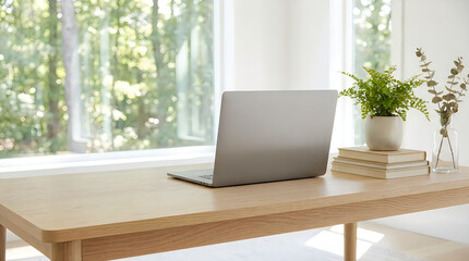 Fototapeta premium Modern laptop computer on a wooden desk near a bright window in a home office