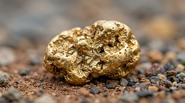 A gold nugget with quartz rock veins sits on a rugged terrain of dirt and small stones.