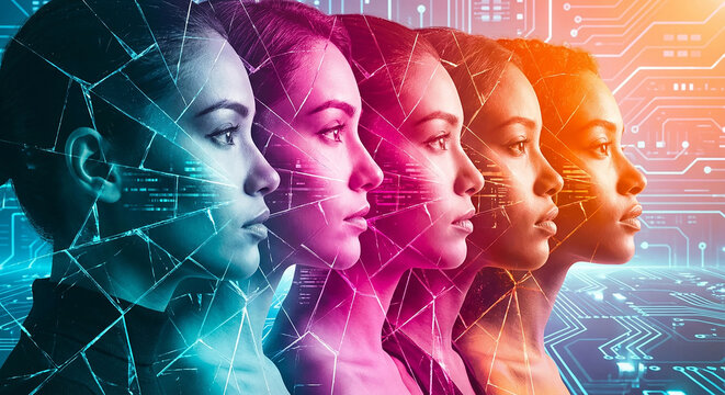 Glowing cybernetic female faces in profile perfect for visualizing advanced artificial intelligence and future digital reality