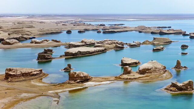 Aerial view of water yardang landforms in the Qaidam Basin, Qinghai, China