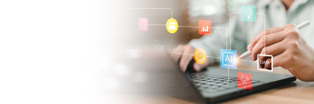 Businessman holding stylus using laptop with virtual AI smart node icon workflow banner for artificial intelligence technology integration, big data processing and business automation copy space