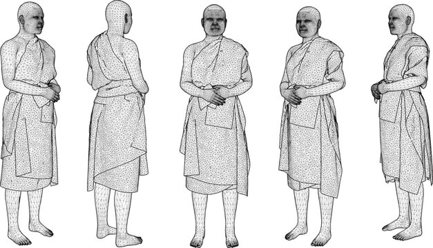 Complete set of 3D rendered Buddhist monk character model sheets with traditional saffron robes shown from front, side, and back angles