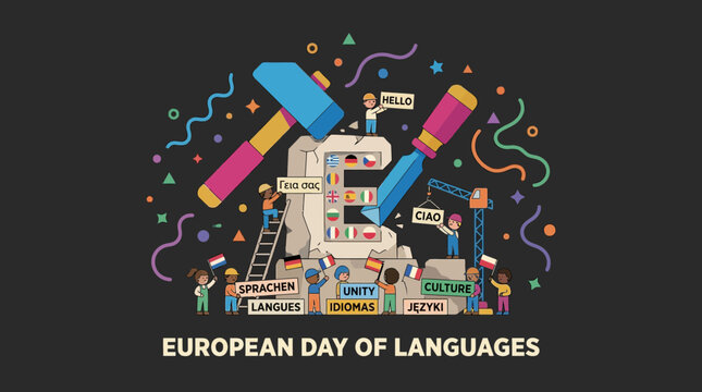 European Day of Languages Illustration with Diverse People Building Letter E