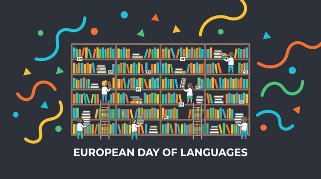 European Day of Languages Illustration with Library Bookshelves and People