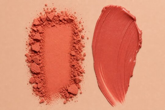 Close-up comparison of loose powder blush and cream blush swatch on neutral background, vibrant red-pink cosmetic products, beauty makeup industry sample display