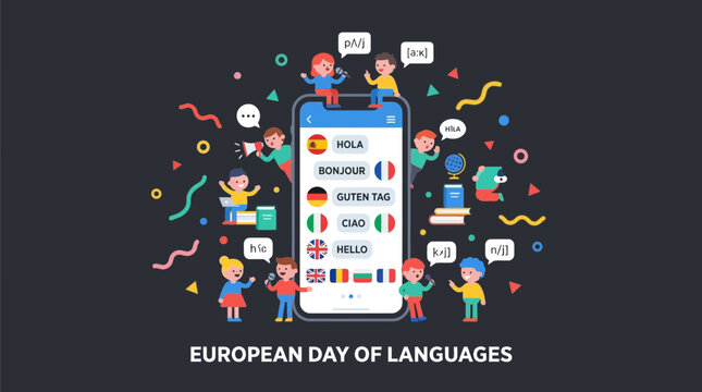 European Day of Languages Illustration with Smartphone Translator App