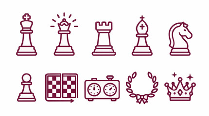 Classic chess icons in burgundy with crown and tournament clock © Farrel Lexxy