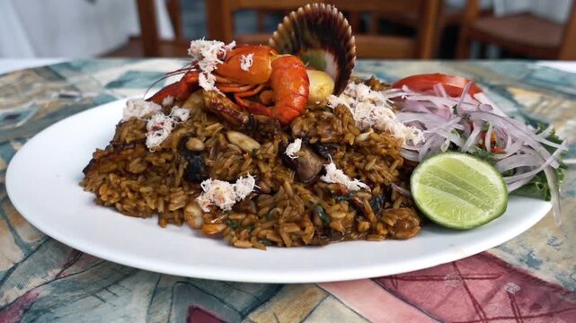 Traditional Peruvian Arroz con Mariscos, seafood fried rice.