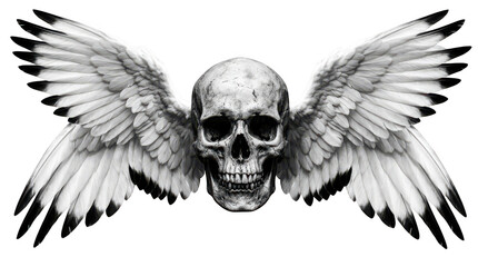 Fototapeta premium Human skull with large white feathered wings isolated on transparent background