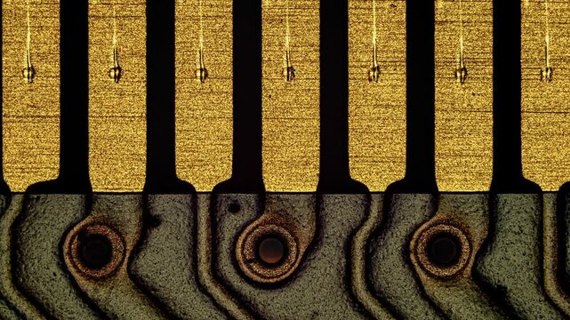 Animated microscopic view of gold connector contacts on electronic circuit