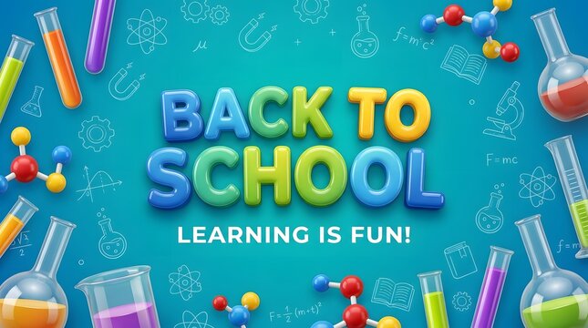 Back to school typography text design with 3d learning is fun phrase surrounded by science laboratory flasks test tubes and molecules on blue background