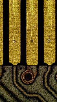 Animated microscopic view of gold connector contacts on computer memory module