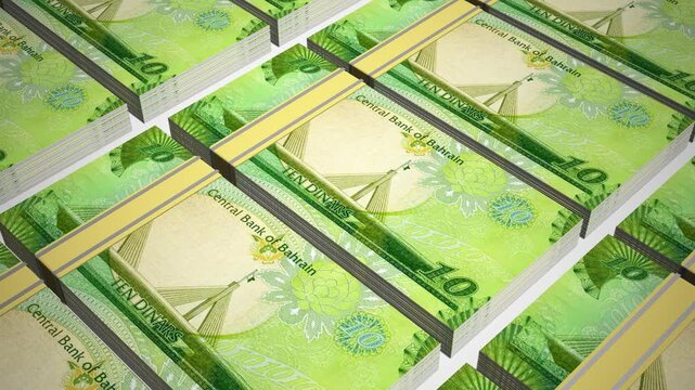 Stacks of 10 BHD or Ten Bahraini dinar banknotes or currency. Neat Rows of Bahrain 10 Dinar Bank note in 3D Motion. 4k Animation.