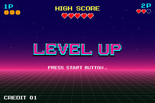 Level up. pixel art 8 bit. Retro Futurism Sci-Fi Background. glowing neon grid. and stars from vintage arcade computer games.