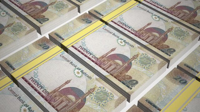 Stacks of 20 BHD or Twenty Bahraini dinar banknotes or currency. Neat Rows of Bahrain 20 Dinar Bank note in 3D Motion. 4k Animation.