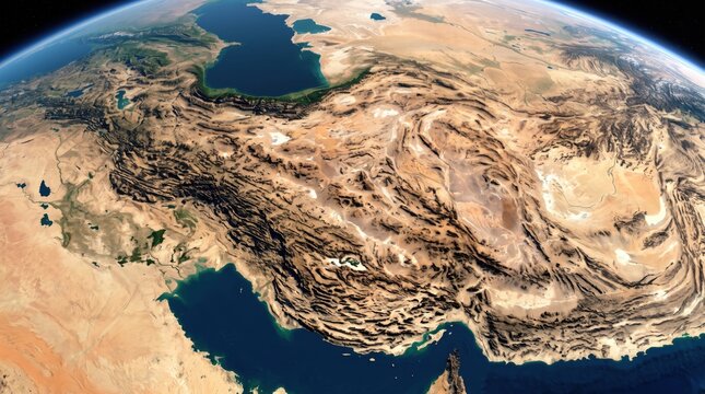 Opened ingredientHigh-resolution satellite view of Iran and the Middle East from space showing detailed topography, the Caspian Sea, and the Persian Gulf