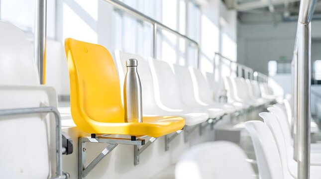 Reusable metal water bottle on a vibrant yellow stadium seat in empty bleachers