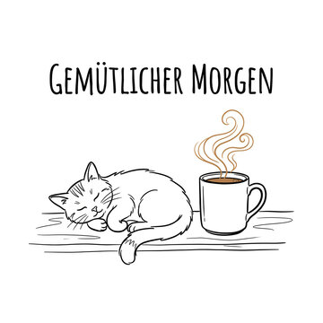 Katze neben dampfender Kaffeetasse schlafend als minimalistische Strichzeichnung f&uuml;r ruhigen und gem&uuml;tlichen Moment generative AI