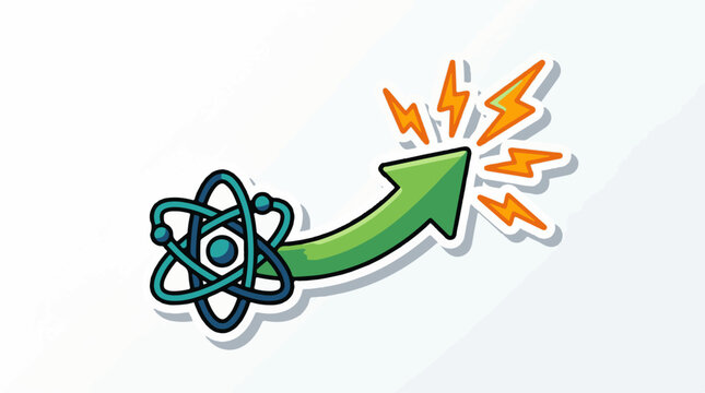 Cartoon-style illustration of a green arrow with an atomic symbol and lightning bolts