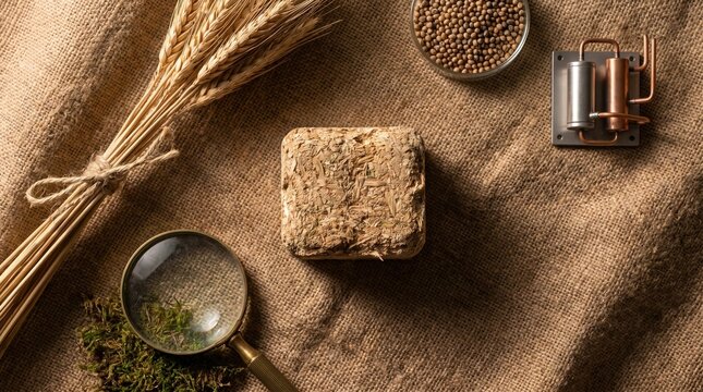 Compressed biomass fuel briquette with wheat stalks and heat exchanger on burlap background