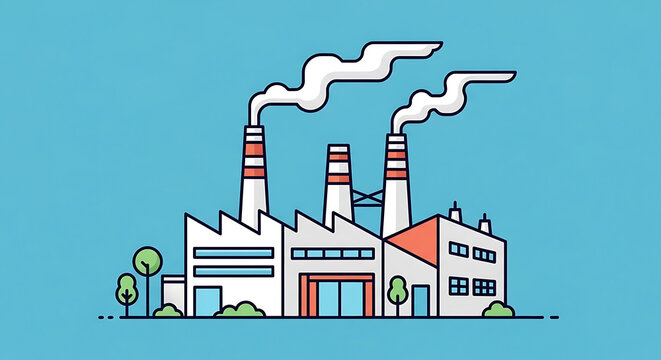 Industrial factory with smokestacks with cartoon style illustration smokestacks trees infrastructure