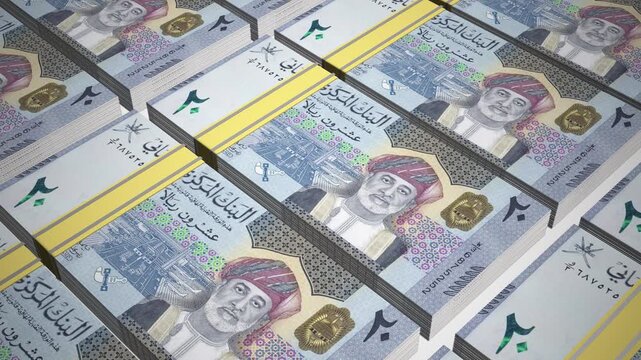 Stacks of 20 OMR or Twenty Omani Rial banknotes or currency. Neat Rows of Oman 20 Rial Bank note in 3D Motion. 4k Animation.
