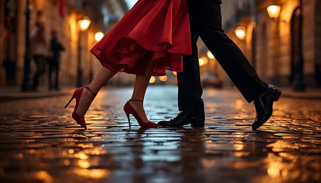 Couple Dancing Tango on Cobblestone Street at Night with Low Angle View