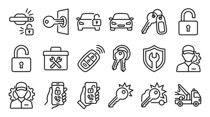 Naklejka premium Minimalist Black and White Icons Set Featuring Security Locks Keys Cars Tools and Digital Concepts